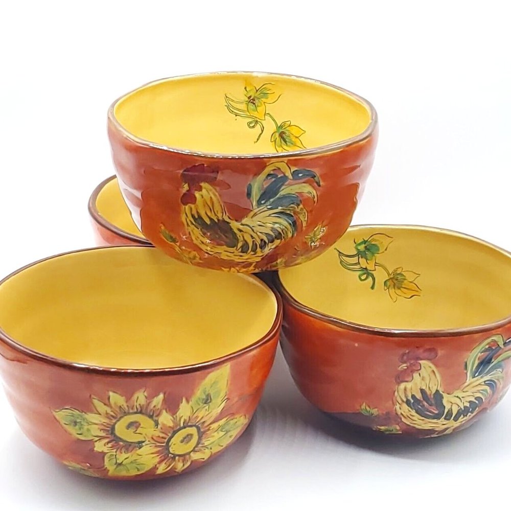 Orange Rooster Bowls Set of 4 Farmhouse Country Deep Pasta Soup Cereal New